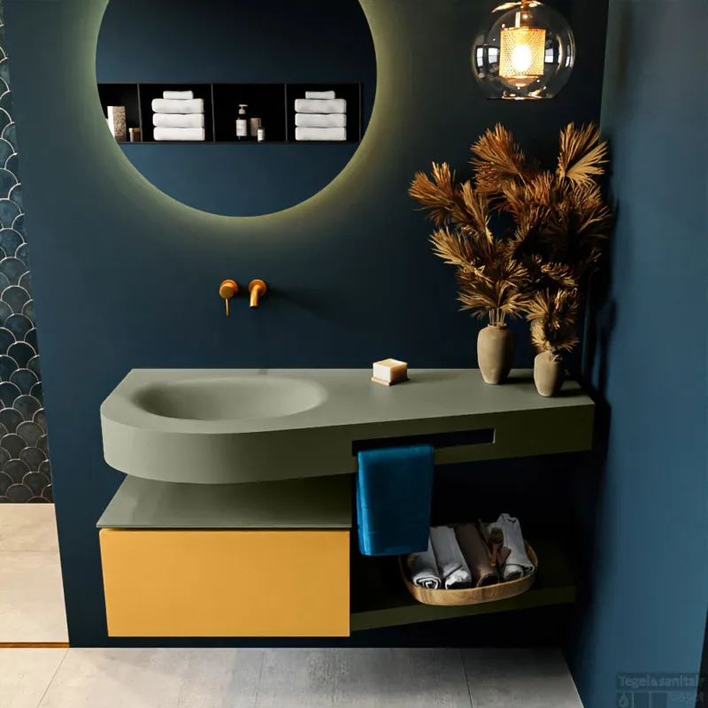 MONDIAZ RIVA 120cm badmeubel onderkast / planchet kleur Ocher met 1 lade. Wastafel DULCET links 0 kraangaten kleur Army. Superprijs