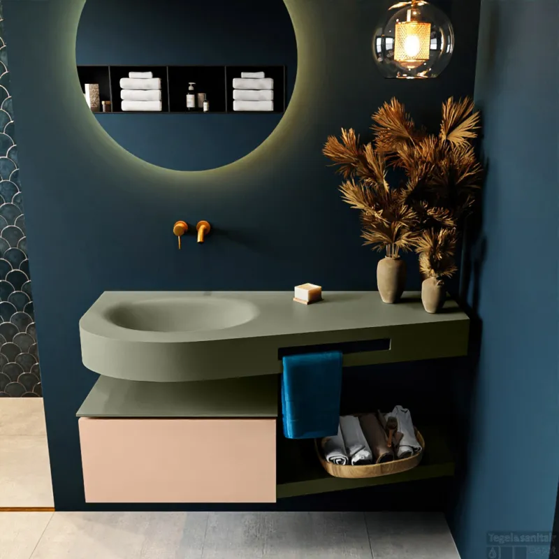 Dagaanbieding MONDIAZ RIVA 120cm badmeubel onderkast / planchet kleur Rosee met 1 lade. Wastafel DULCET links 0 kraangaten kleur Army.