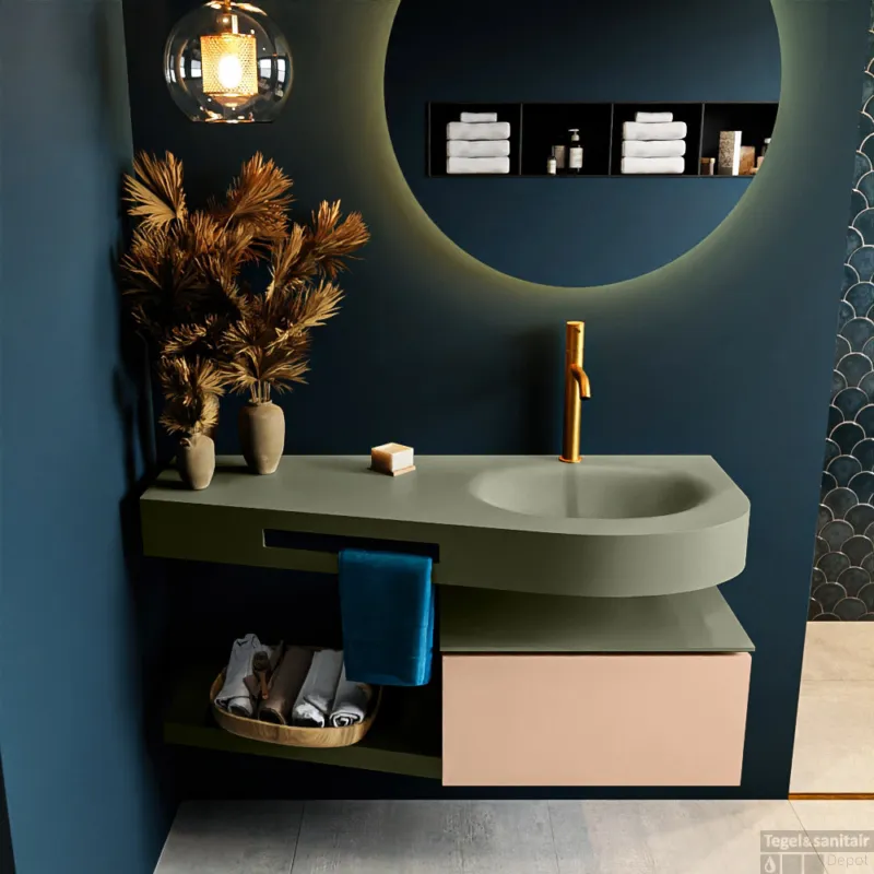Bestseller MONDIAZ RIVA 120cm badmeubel onderkast / planchet kleur Rosee met 1 lade. Wastafel DULCET rechts 1 kraangat kleur Army.
