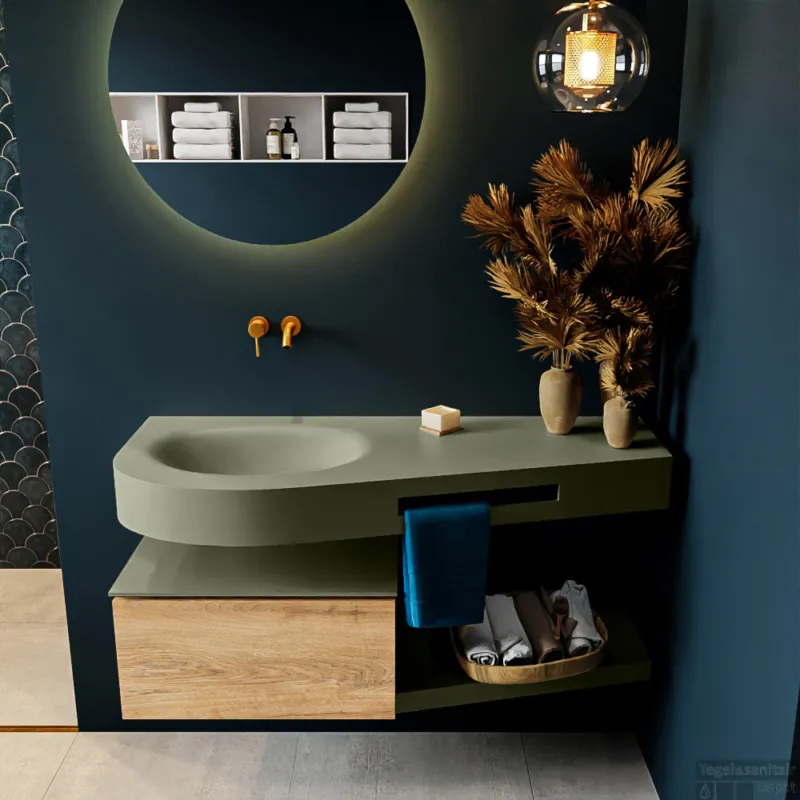 MONDIAZ RIVA 120cm badmeubel onderkast / planchet kleur Washed_Oak met 1 lade. Wastafel DULCET links 0 kraangaten kleur Army. Direct Verzonden