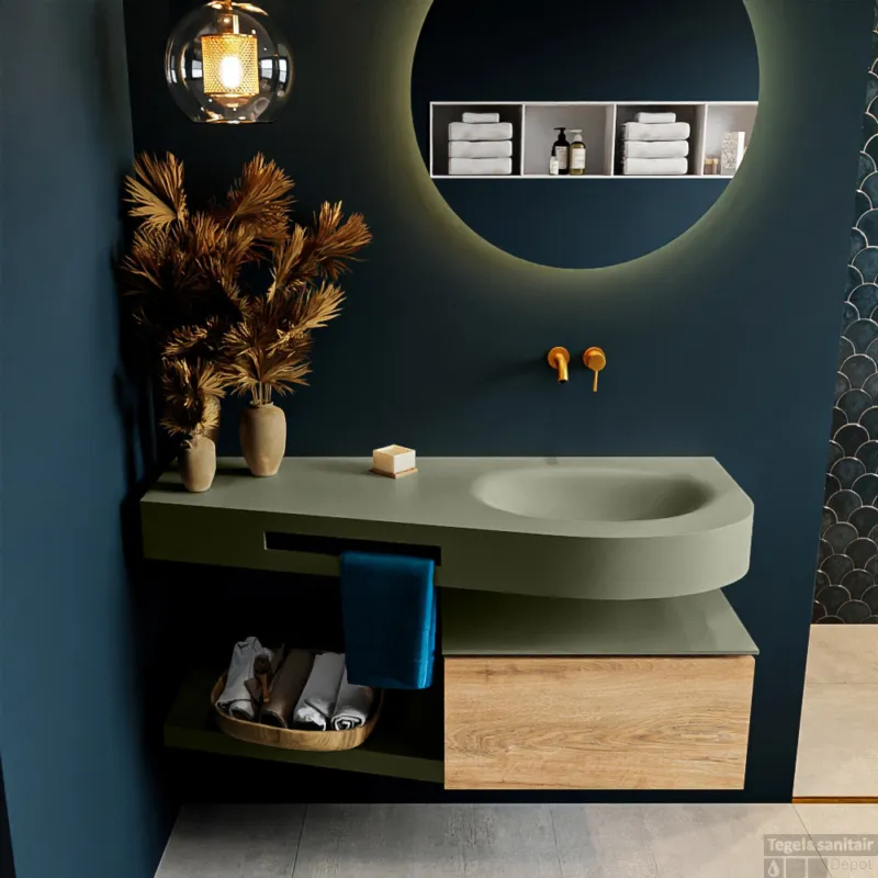 MONDIAZ RIVA 120cm badmeubel onderkast / planchet kleur Washed_Oak met 1 lade. Wastafel DULCET rechts 0 kraangaten kleur Army. Tijdelijk Beschikbaar