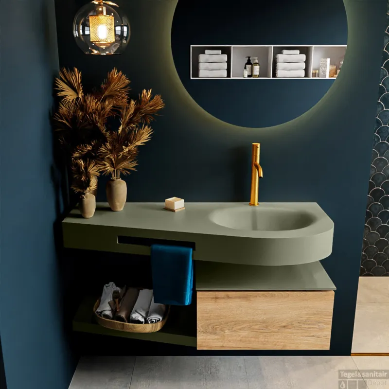 Direct Verzonden MONDIAZ RIVA 120cm badmeubel onderkast / planchet kleur Washed_Oak met 1 lade. Wastafel DULCET rechts 1 kraangat kleur Army.