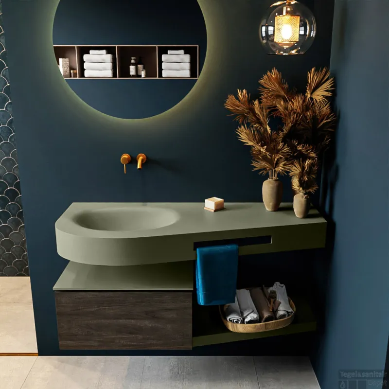 MONDIAZ RIVA 120cm badmeubel onderkast / planchet kleur Dark_Brown met 1 lade. Wastafel DULCET links 0 kraangaten kleur Army. Aanbieding