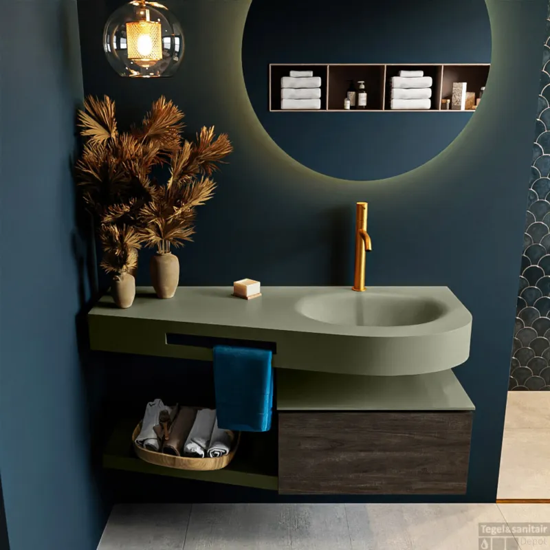 Exclusieve Aanbieding MONDIAZ RIVA 120cm badmeubel onderkast / planchet kleur Dark_Brown met 1 lade. Wastafel DULCET rechts 1 kraangat kleur Army.