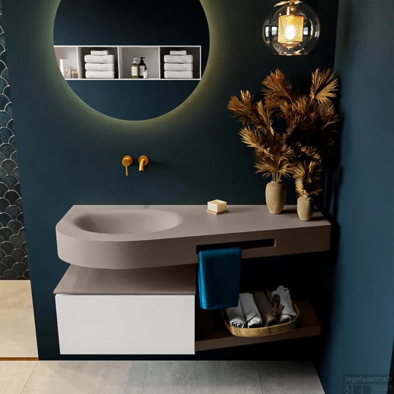 Flitsaanbieding MONDIAZ RIVA 120cm badmeubel onderkast / planchet kleur Talc met 1 lade. Wastafel DULCET links 0 kraangaten kleur Smoke.