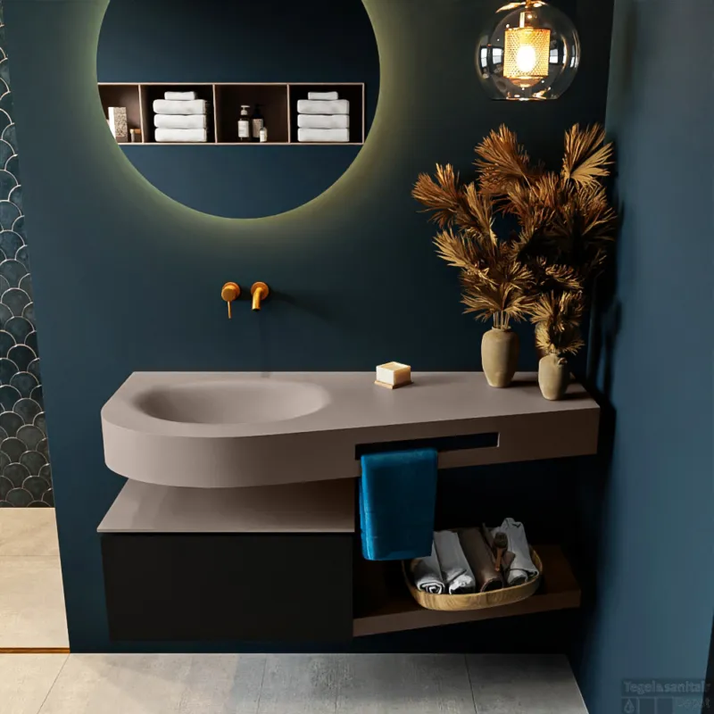 MONDIAZ RIVA 120cm badmeubel onderkast / planchet kleur Urban met 1 lade. Wastafel DULCET links 0 kraangaten kleur Smoke. Gecertificeerd