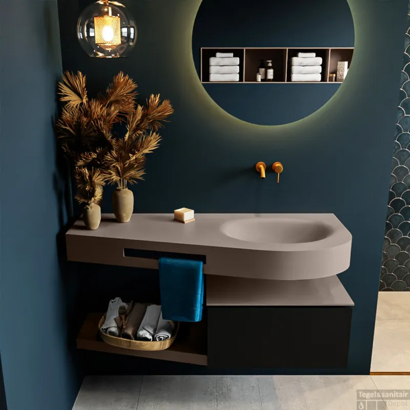 MONDIAZ RIVA 120cm badmeubel onderkast / planchet kleur Urban met 1 lade. Wastafel DULCET rechts 0 kraangaten kleur Smoke. Koop Online
