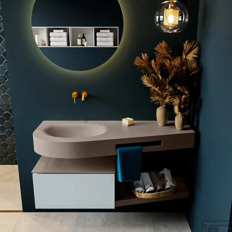 MONDIAZ RIVA 120cm badmeubel onderkast / planchet kleur Clay met 1 lade. Wastafel DULCET links 0 kraangaten kleur Smoke. Populair