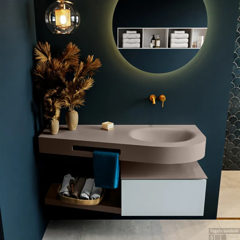 Koop Online MONDIAZ RIVA 120cm badmeubel onderkast / planchet kleur Clay met 1 lade. Wastafel DULCET rechts 0 kraangaten kleur Smoke.