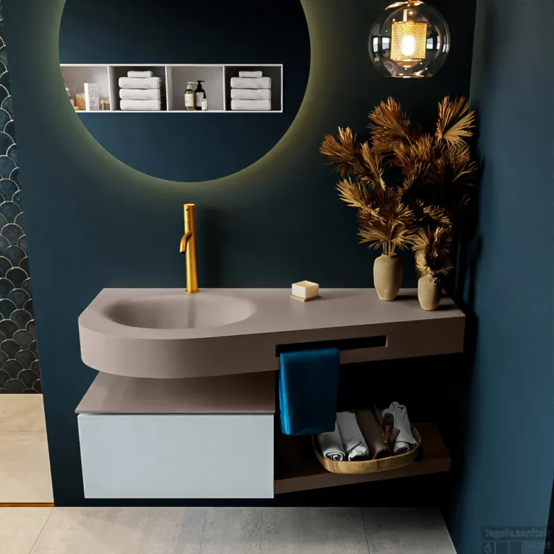 MONDIAZ RIVA 120cm badmeubel onderkast / planchet kleur Clay met 1 lade. Wastafel DULCET links 1 kraangat kleur Smoke. Speciale Aanbieding