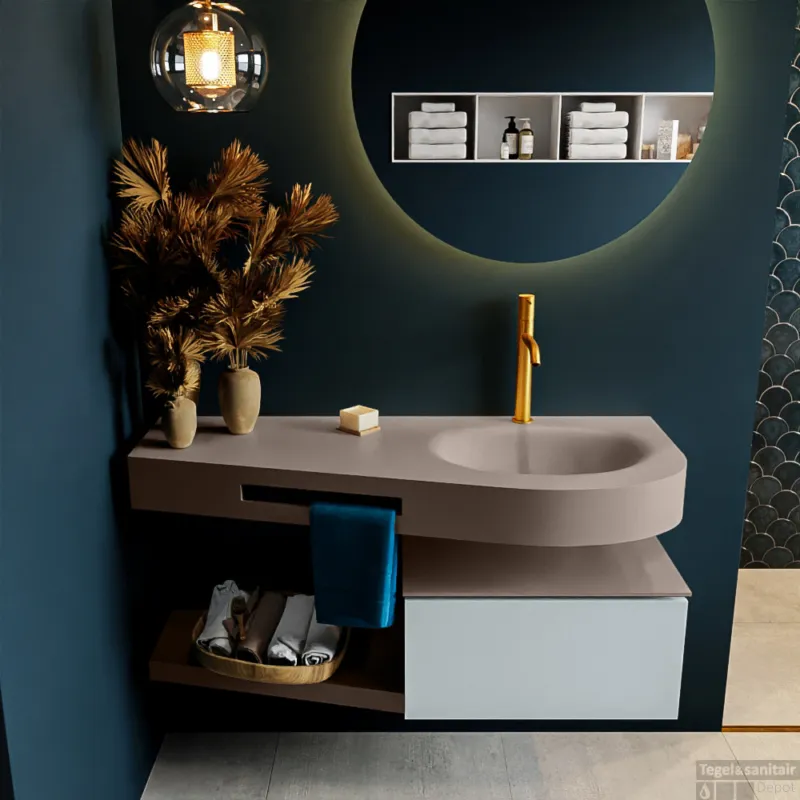 MONDIAZ RIVA 120cm badmeubel onderkast / planchet kleur Clay met 1 lade. Wastafel DULCET rechts 1 kraangat kleur Smoke. Dagaanbieding