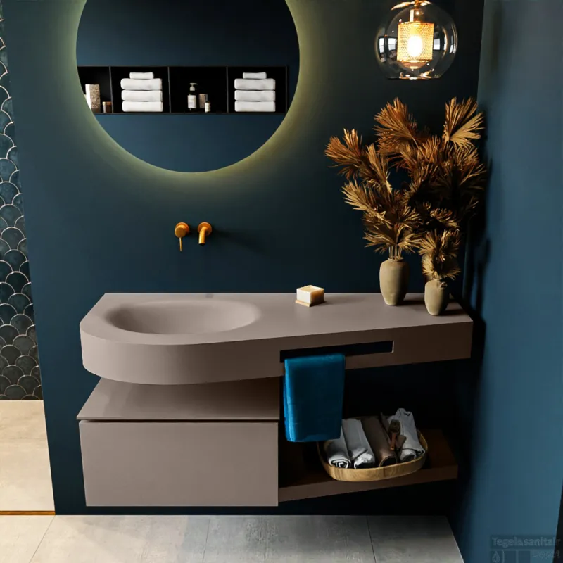 MONDIAZ RIVA 120cm badmeubel onderkast / planchet kleur Smoke met 1 lade. Wastafel DULCET links 0 kraangaten kleur Smoke. Op = Op