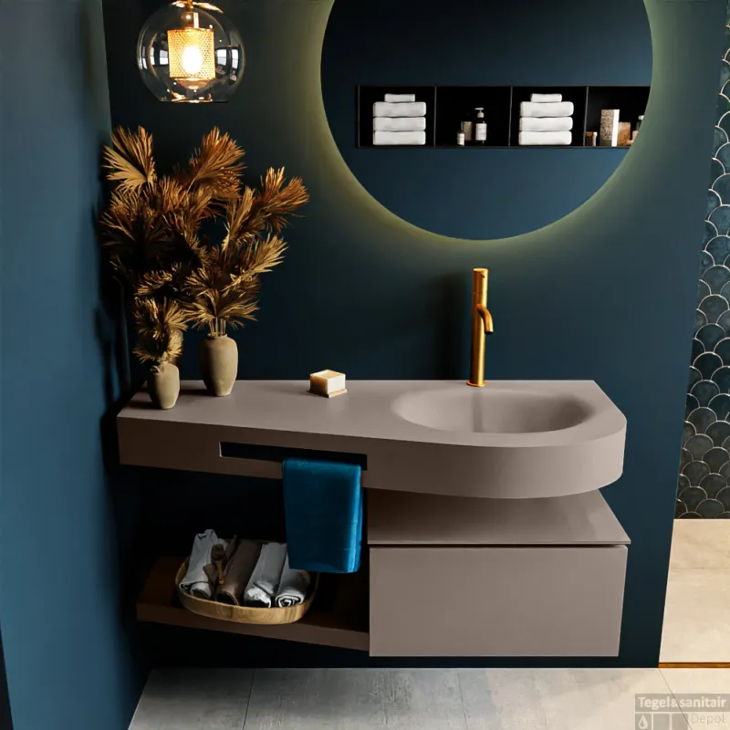 MONDIAZ RIVA 120cm badmeubel onderkast / planchet kleur Smoke met 1 lade. Wastafel DULCET rechts 1 kraangat kleur Smoke. Populair