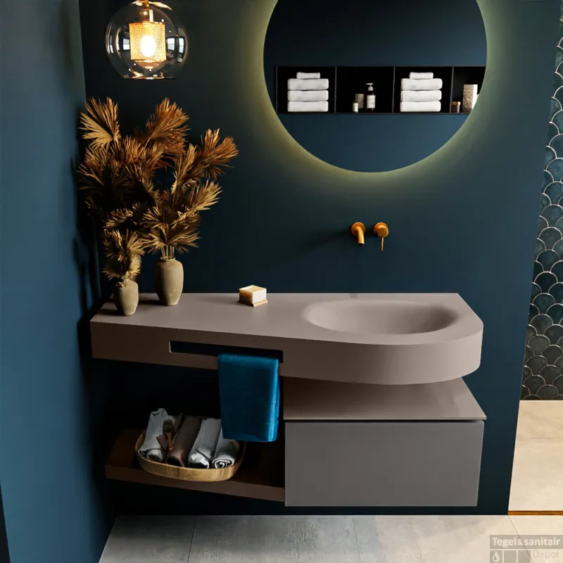Bestel Nu MONDIAZ RIVA 120cm badmeubel onderkast / planchet kleur Dark_Grey met 1 lade. Wastafel DULCET rechts 0 kraangaten kleur Smoke.