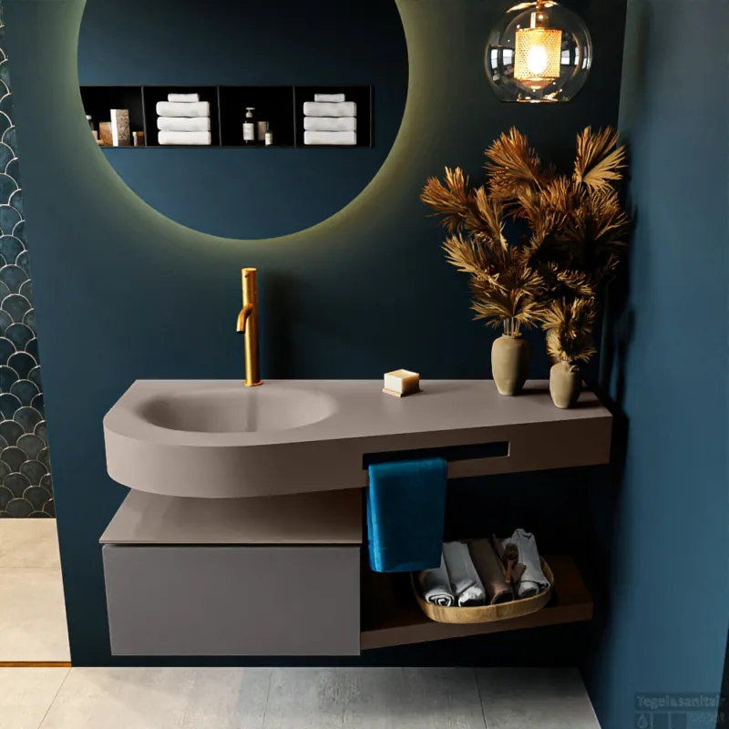 Hoge Kwaliteit MONDIAZ RIVA 120cm badmeubel onderkast / planchet kleur Dark_Grey met 1 lade. Wastafel DULCET links 1 kraangat kleur Smoke.