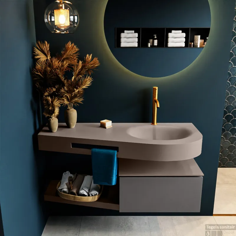 MONDIAZ RIVA 120cm badmeubel onderkast / planchet kleur Dark_Grey met 1 lade. Wastafel DULCET rechts 1 kraangat kleur Smoke. Must-Have