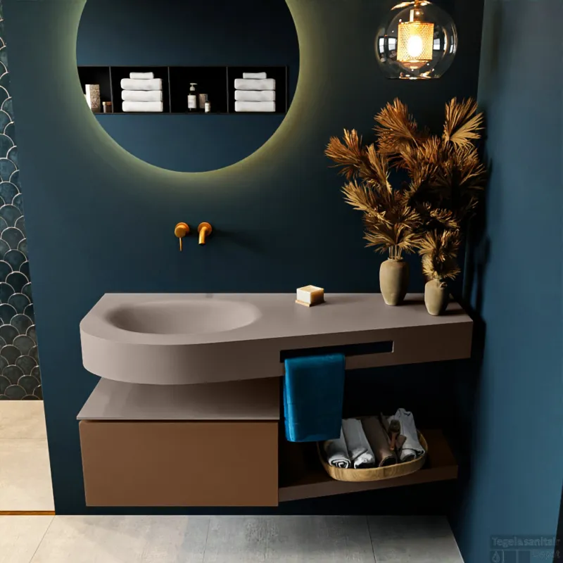 MONDIAZ RIVA 120cm badmeubel onderkast / planchet kleur Rust met 1 lade. Wastafel DULCET links 0 kraangaten kleur Smoke. Bestseller