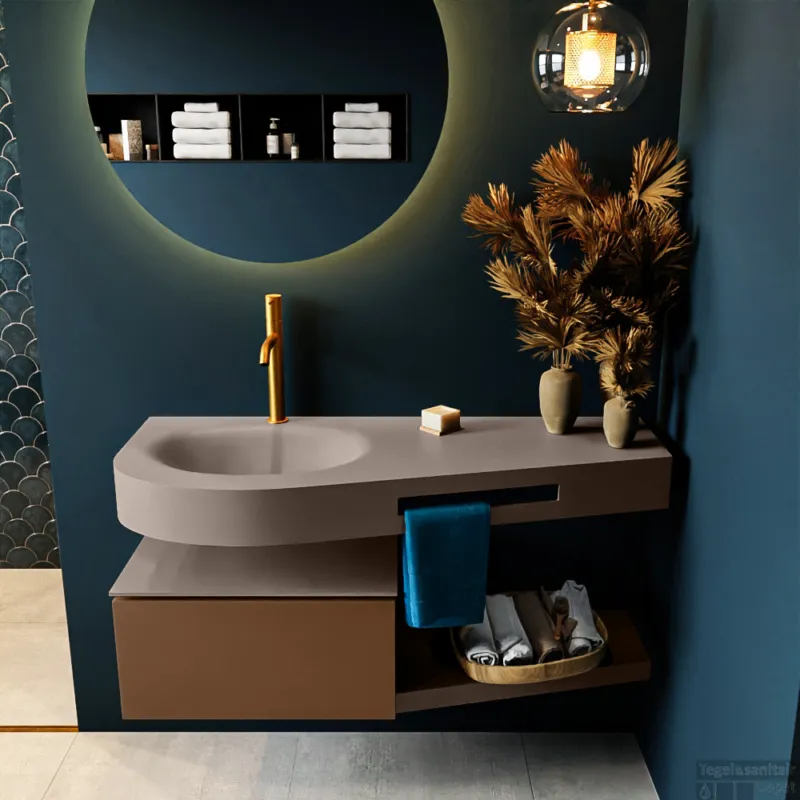 MONDIAZ RIVA 120cm badmeubel onderkast / planchet kleur Rust met 1 lade. Wastafel DULCET links 1 kraangat kleur Smoke. Premium