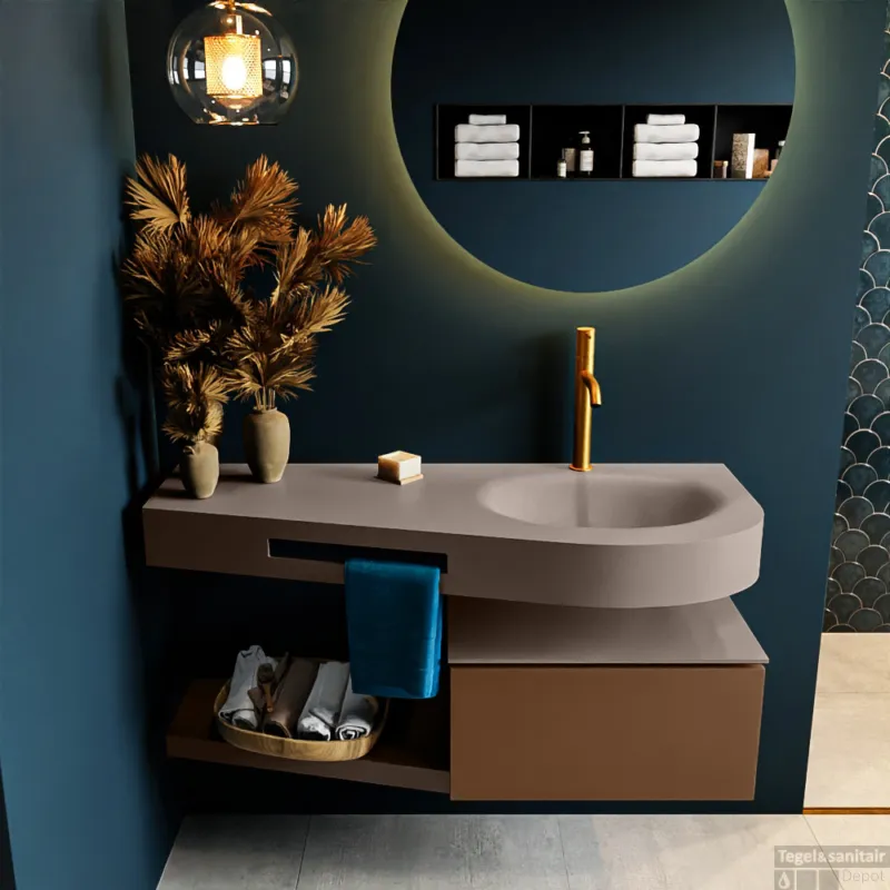 Favoriet MONDIAZ RIVA 120cm badmeubel onderkast / planchet kleur Rust met 1 lade. Wastafel DULCET rechts 1 kraangat kleur Smoke.