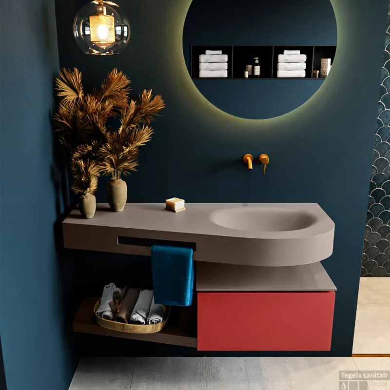 MONDIAZ RIVA 120cm badmeubel onderkast / planchet kleur Fire met 1 lade. Wastafel DULCET rechts 0 kraangaten kleur Smoke. Korting