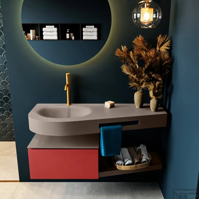 Hoge Kwaliteit MONDIAZ RIVA 120cm badmeubel onderkast / planchet kleur Fire met 1 lade. Wastafel DULCET links 1 kraangat kleur Smoke.