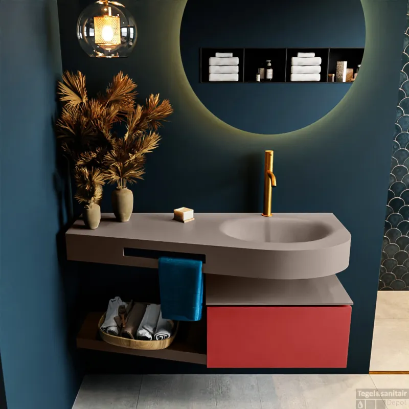 Beperkte Voorraad MONDIAZ RIVA 120cm badmeubel onderkast / planchet kleur Fire met 1 lade. Wastafel DULCET rechts 1 kraangat kleur Smoke.