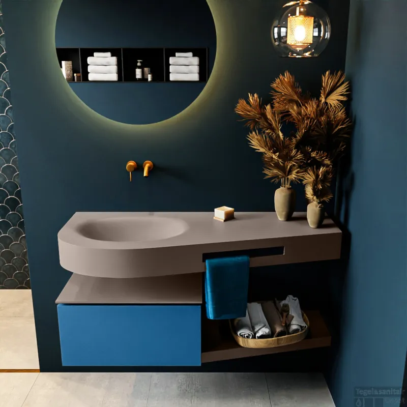 MONDIAZ RIVA 120cm badmeubel onderkast / planchet kleur Jeans met 1 lade. Wastafel DULCET links 0 kraangaten kleur Smoke. Rechtstreeks Van De Fabrikant