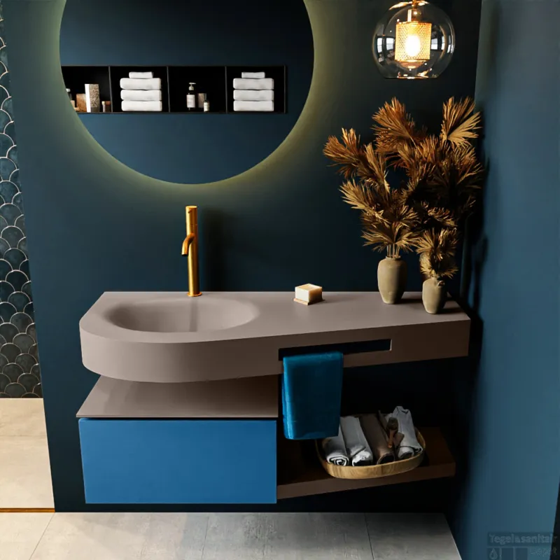MONDIAZ RIVA 120cm badmeubel onderkast / planchet kleur Jeans met 1 lade. Wastafel DULCET links 1 kraangat kleur Smoke. Merkproduct