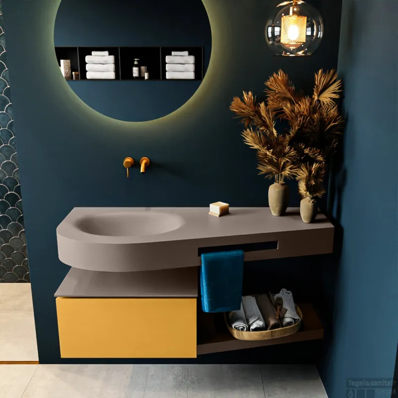 MONDIAZ RIVA 120cm badmeubel onderkast / planchet kleur Ocher met 1 lade. Wastafel DULCET links 0 kraangaten kleur Smoke. Fabrieksprijs
