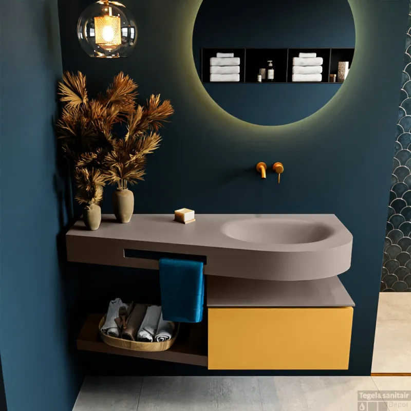 Favoriet MONDIAZ RIVA 120cm badmeubel onderkast / planchet kleur Ocher met 1 lade. Wastafel DULCET rechts 0 kraangaten kleur Smoke.