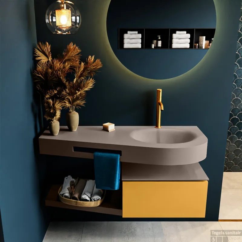 MONDIAZ RIVA 120cm badmeubel onderkast / planchet kleur Ocher met 1 lade. Wastafel DULCET rechts 1 kraangat kleur Smoke. Laatste Kans