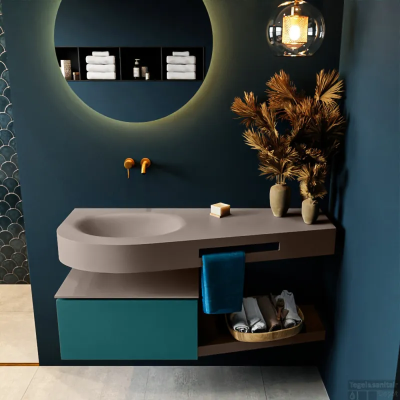 Flitsaanbieding MONDIAZ RIVA 120cm badmeubel onderkast / planchet kleur Smag met 1 lade. Wastafel DULCET links 0 kraangaten kleur Smoke.