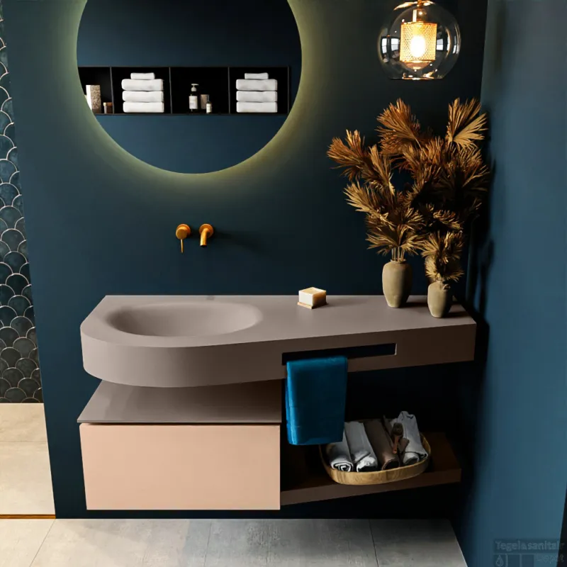 MONDIAZ RIVA 120cm badmeubel onderkast / planchet kleur Rosee met 1 lade. Wastafel DULCET links 0 kraangaten kleur Smoke. Goedkoop