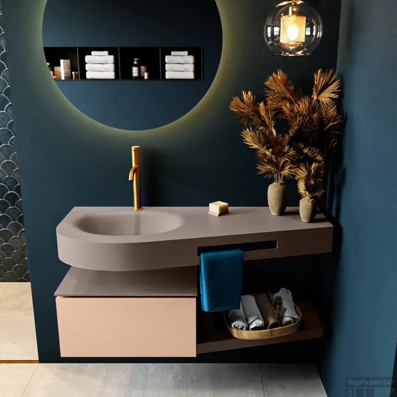 MONDIAZ RIVA 120cm badmeubel onderkast / planchet kleur Rosee met 1 lade. Wastafel DULCET links 1 kraangat kleur Smoke. Fabrieksprijs