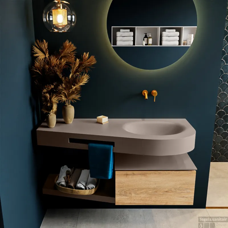MONDIAZ RIVA 120cm badmeubel onderkast / planchet kleur Washed_Oak met 1 lade. Wastafel DULCET rechts 0 kraangaten kleur Smoke. Nieuw