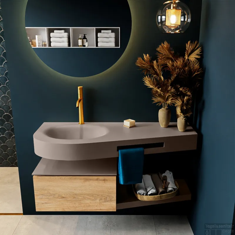 MONDIAZ RIVA 120cm badmeubel onderkast / planchet kleur Washed_Oak met 1 lade. Wastafel DULCET links 1 kraangat kleur Smoke. Betrouwbaar