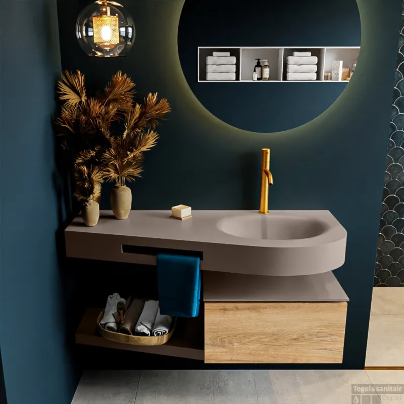 MONDIAZ RIVA 120cm badmeubel onderkast / planchet kleur Washed_Oak met 1 lade. Wastafel DULCET rechts 1 kraangat kleur Smoke. Nu Kopen