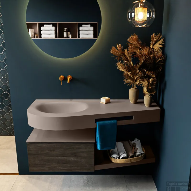 MONDIAZ RIVA 120cm badmeubel onderkast / planchet kleur Dark_Brown met 1 lade. Wastafel DULCET links 0 kraangaten kleur Smoke. Beperkt Aanbod