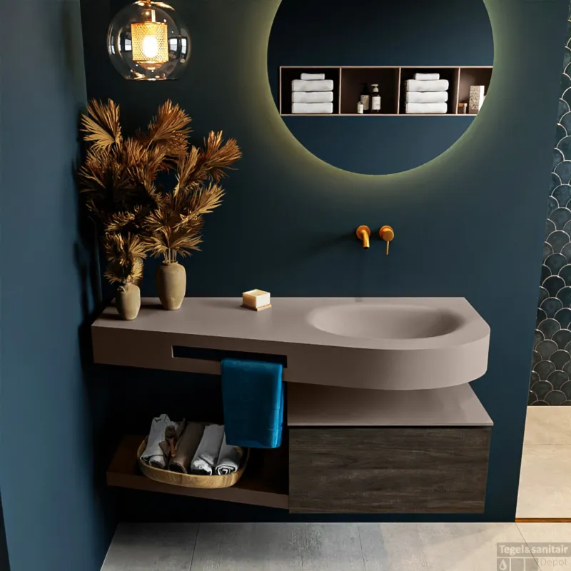 Speciale Aanbieding MONDIAZ RIVA 120cm badmeubel onderkast / planchet kleur Dark_Brown met 1 lade. Wastafel DULCET rechts 0 kraangaten kleur Smoke.