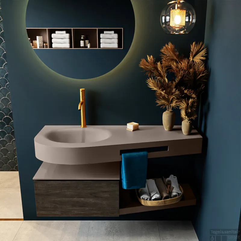 MONDIAZ RIVA 120cm badmeubel onderkast / planchet kleur Dark_Brown met 1 lade. Wastafel DULCET links 1 kraangat kleur Smoke. Betrouwbaar