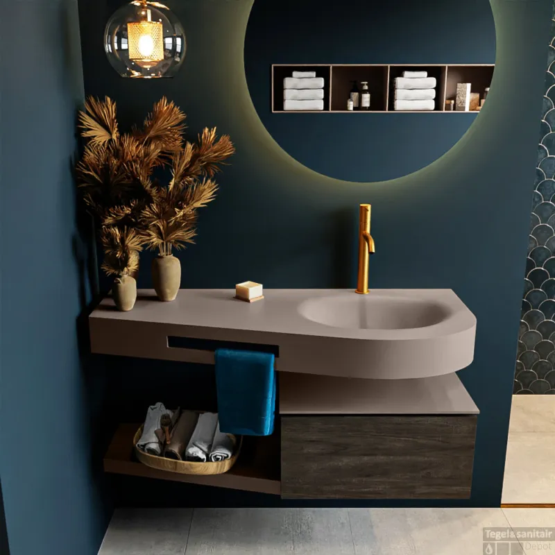 MONDIAZ RIVA 120cm badmeubel onderkast / planchet kleur Dark_Brown met 1 lade. Wastafel DULCET rechts 1 kraangat kleur Smoke. Hoge Kwaliteit
