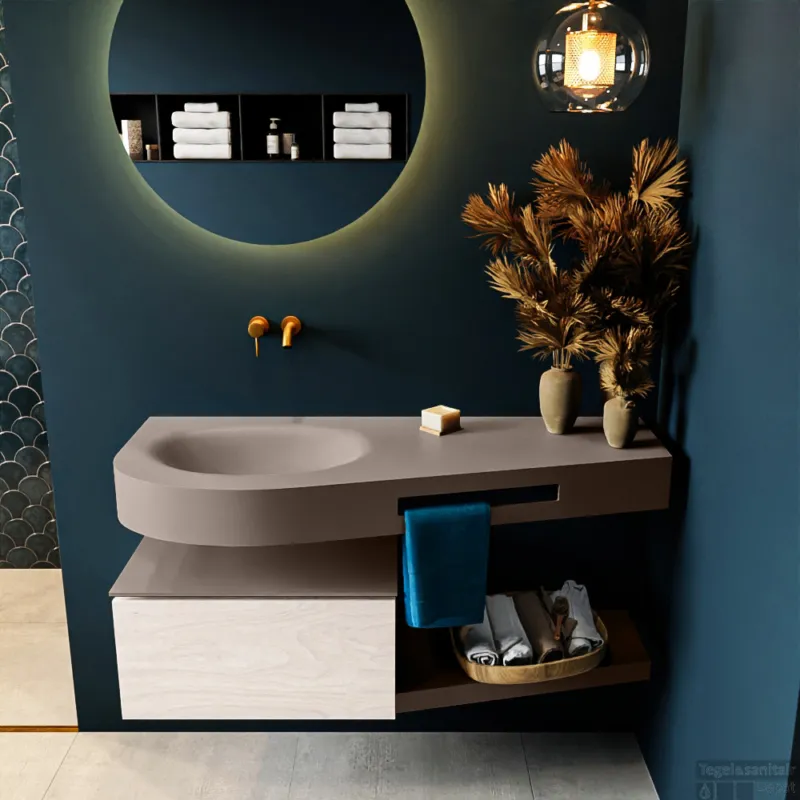 MONDIAZ RIVA 120cm badmeubel onderkast / planchet kleur Underlayment met 1 lade. Wastafel DULCET links 0 kraangaten kleur Smoke. Must-Have