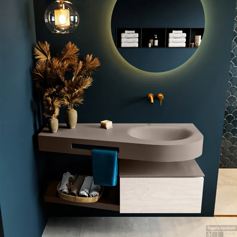 MONDIAZ RIVA 120cm badmeubel onderkast / planchet kleur Underlayment met 1 lade. Wastafel DULCET rechts 0 kraangaten kleur Smoke. Actieprijs