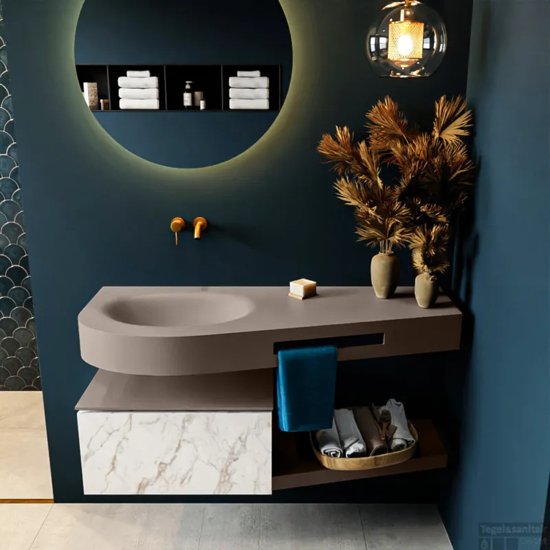 MONDIAZ RIVA 120cm badmeubel onderkast / planchet kleur carrara met 1 lade. Wastafel DULCET links 0 kraangaten kleur Smoke. Must-Have
