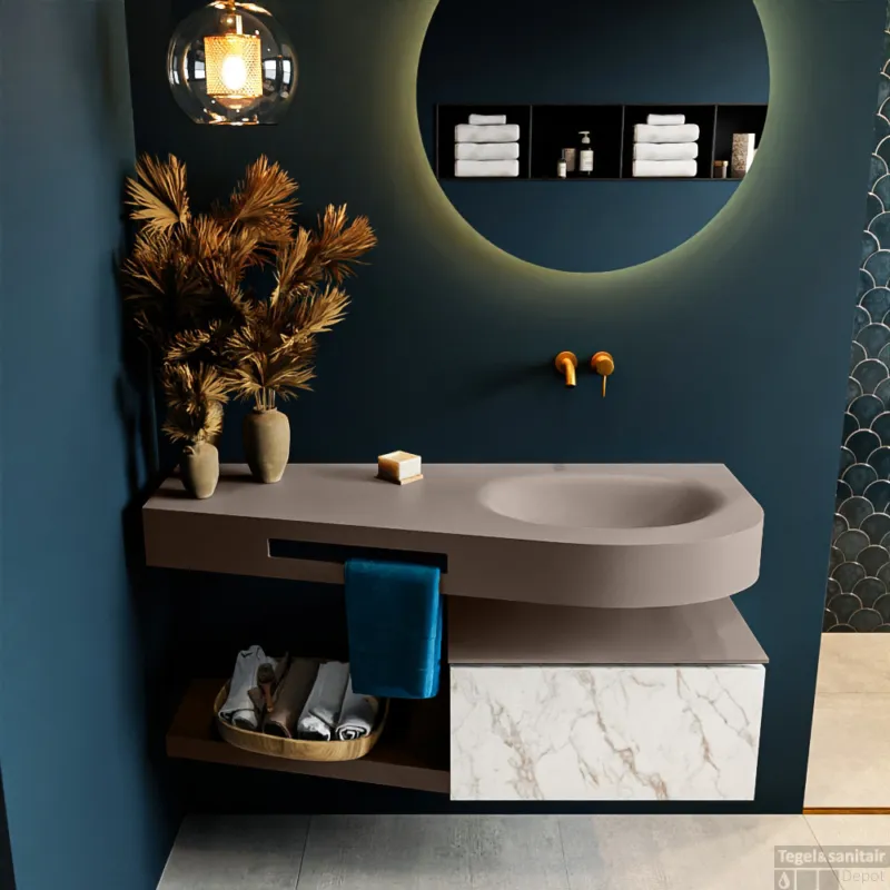 MONDIAZ RIVA 120cm badmeubel onderkast / planchet kleur carrara met 1 lade. Wastafel DULCET rechts 0 kraangaten kleur Smoke. Speciale Aanbieding
