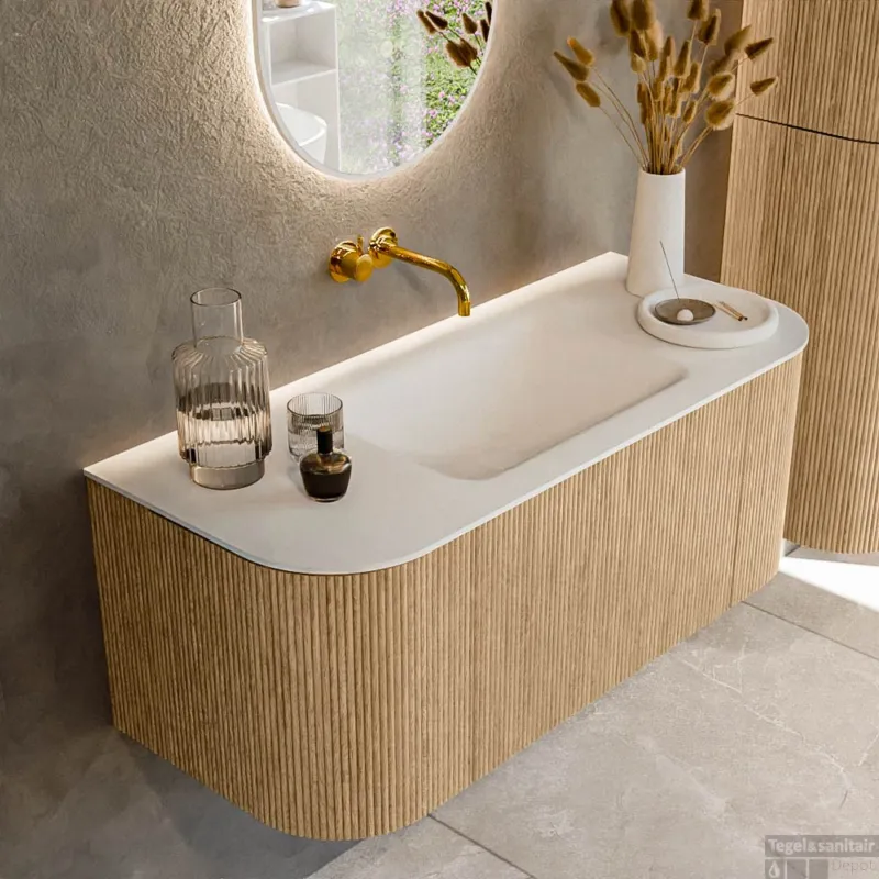 Mondiaz KURVE 110 cm Onderkast Greeploos 1 Lade Met Deuren Oak, Wastafel Solid Surface Midden Talc 0 Kraangaten Zonder Spiegel (KRVCLO110L+R1L2D0KM-Oak/Tal) Laatste Versie