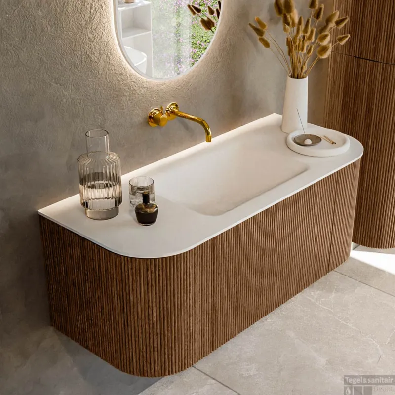Actieprijs Mondiaz KURVE 110 cm Onderkast Greeploos 1 Lade Met Deuren Walnut, Wastafel Solid Surface Midden Talc 0 Kraangaten Zonder Spiegel (KRVCLO110L+R1L2D0KM-Wal/Tal)