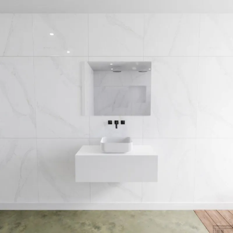 Flitsaanbieding Badkamermeubelset Mondiaz LAGOM 90 cm met Topblad Gecentreerde Wastafel Solid Surface Opzetkom Binx Zonder Kraangaten Mat Wit (1 lade)
