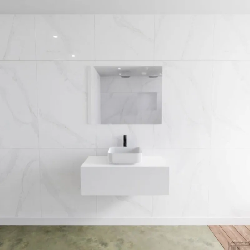 Merkproduct Badkamermeubelset Mondiaz LAGOM 90 cm met Topblad Gecentreerde Wastafel Solid Surface Opzetkom Binx Met 1 Kraangat Mat Wit (1 lade)
