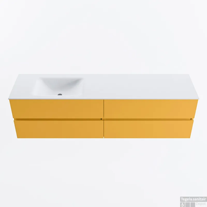 Lage Prijs MONDIAZ VICA 180cm badmeubel onderkast Ocher 4 lades. Wastafel CLOUD links 1 kraangat, kleur Talc.